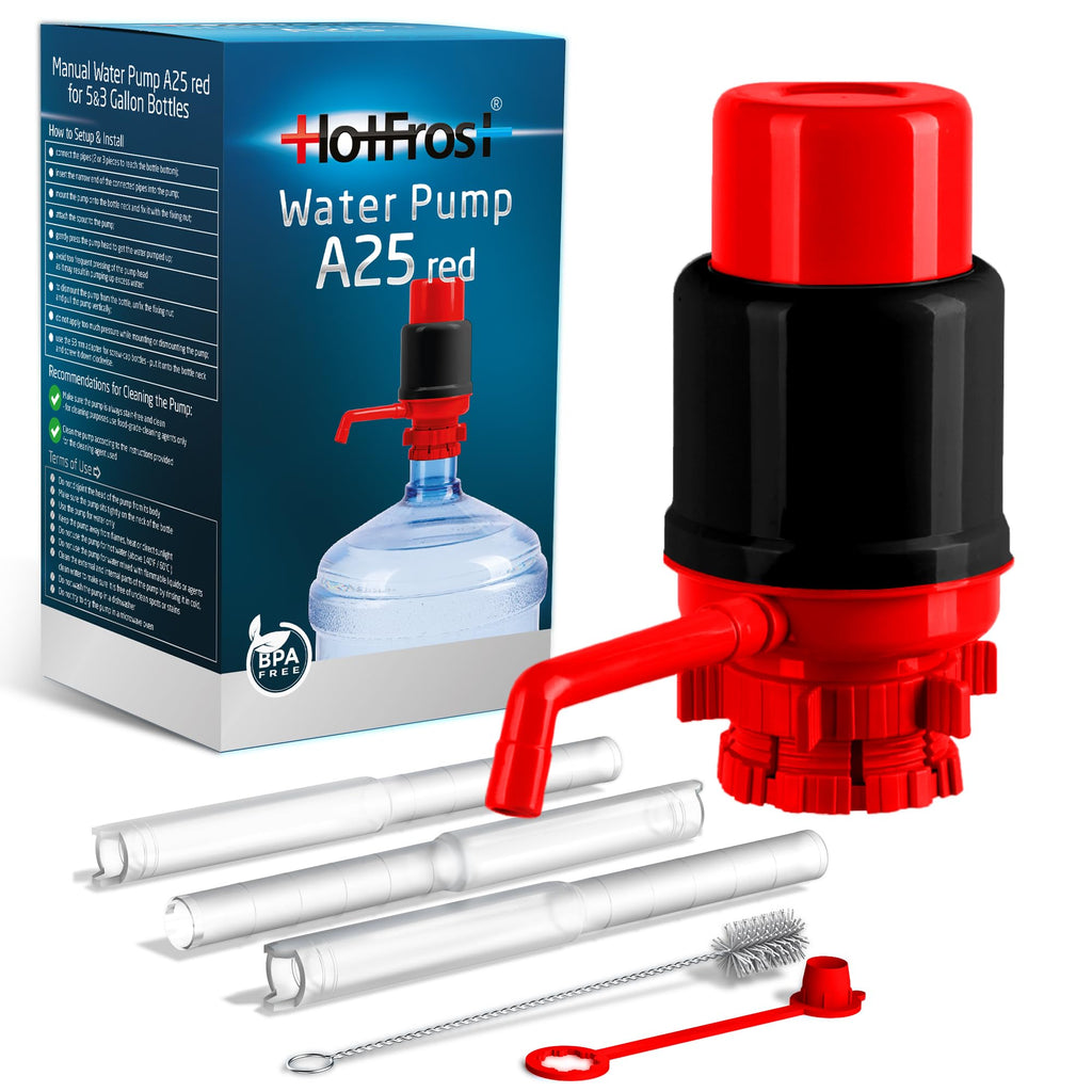 HotFrost Manual Water Pump for 5 Gallon Jug & Bottle – Non-Electric 5 Gallon Water Dispenser, Universal Hand Pump with 3 Adjustable Tubes, 53mm Screw Top Adapter, Spout Cap & Cleaning Brush, BPA-Free