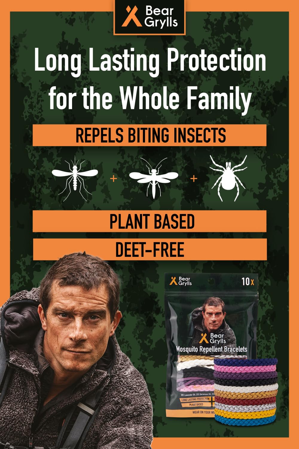 Bear Grylls Mosquito Repellent Bracelets | DEET-Free | 10 Pack