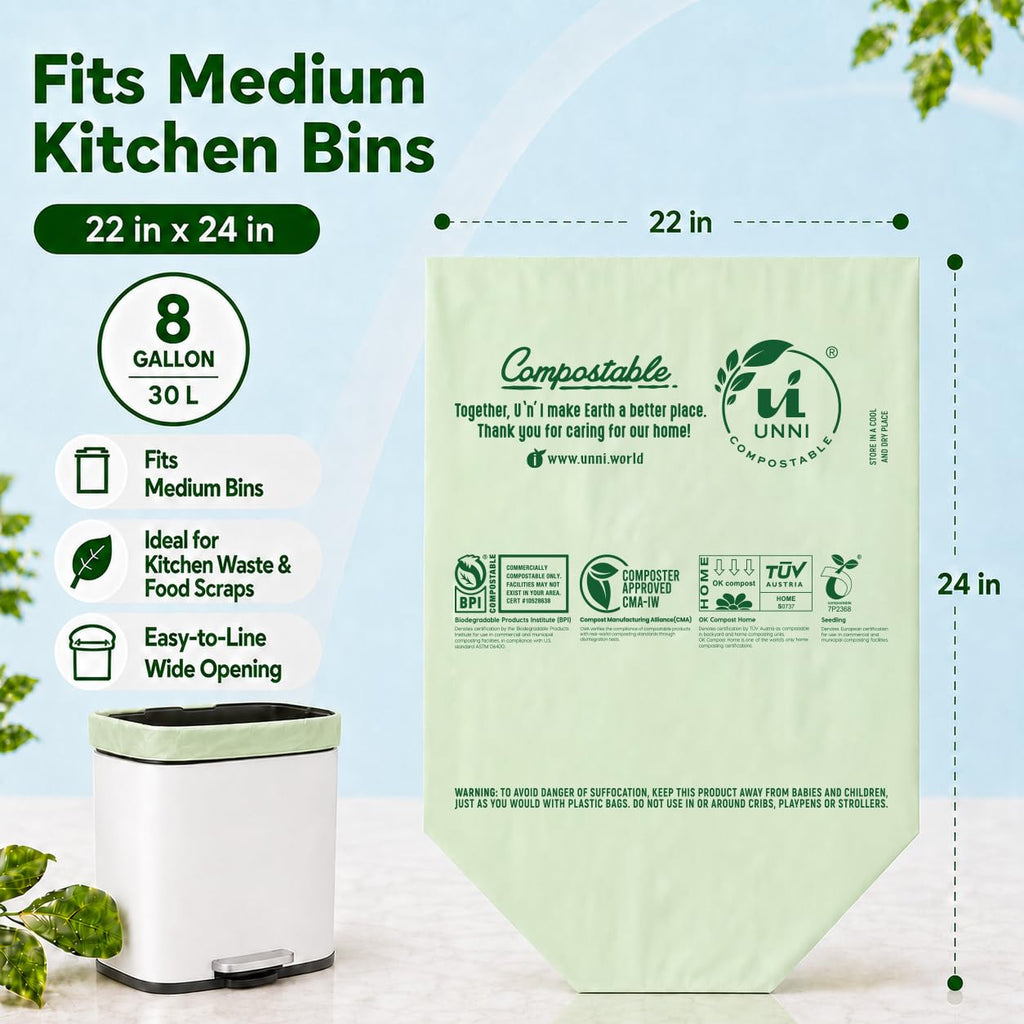 UNNI Compostable Trash Bags, 8 Gallon / 30 Liter, 50 Count, Extra Thick 0.85 mil Medium Kitchen Food Scrap Bin Liners, Certified by BPI, CMA & OK compost HOME, Meets the ASTM D6400 Standard