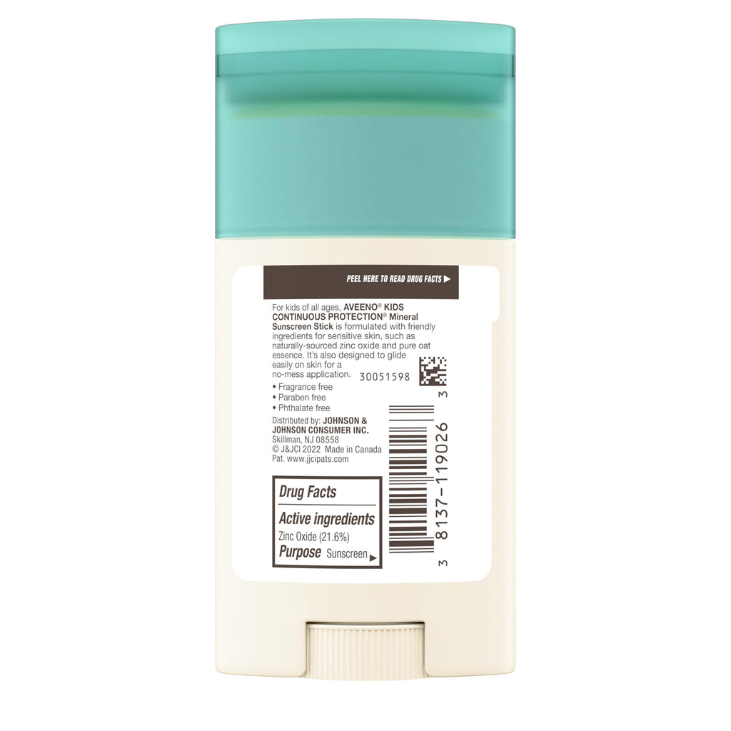 Aveeno Kids Continuous Protection Zinc Oxide Mineral Sunscreen Stick for Sensitive Skin, Face & Body Sunscreen Stick for Kids with Broad Spectrum SPF 50, Sweat- & Water-Resistant, 1.5 oz