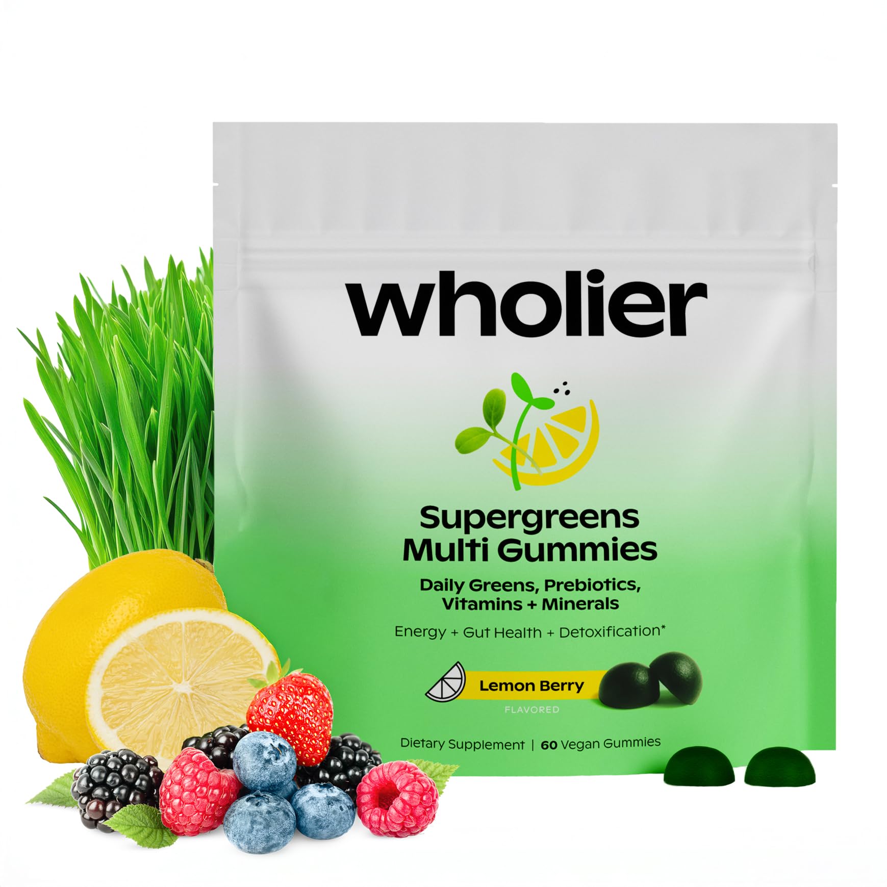 wholier Daily Supergreens Multi Gummies, Organic Greens, Prebiotics, Vitamins & Minerals, Vegan Multivitamin Gummy for Adults, Gut Health, Energy, Immunity Support, Gluten Free, Lemon Berry, 60 Count