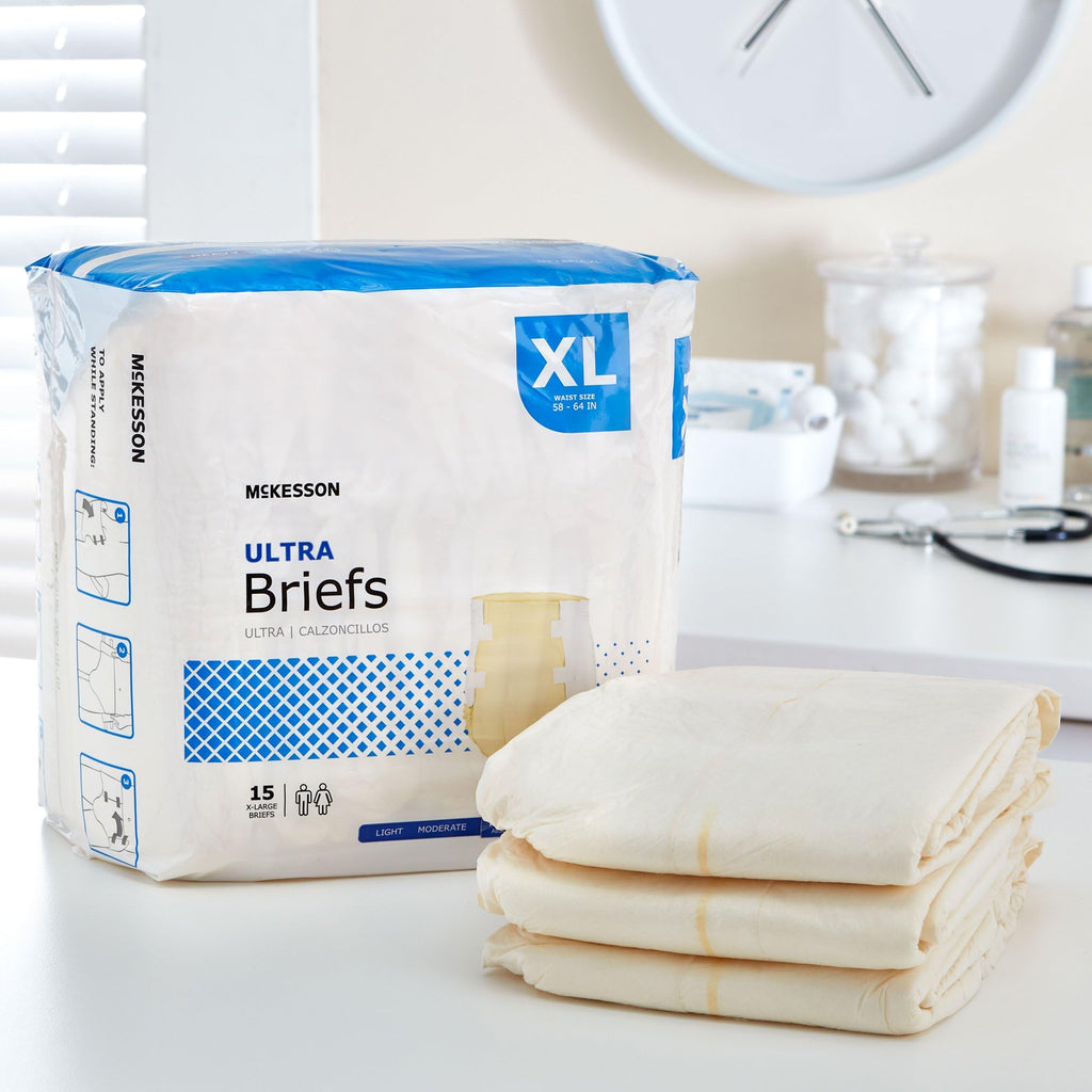 McKesson Ultra Briefs, [60 Count], XL, 58-64 in. Incontinence Adult Diapers with Tabs, Heavy Absorbency, Unisex, Disposable, Elastic Leg Gathers and Contoured Fit for Men and Women