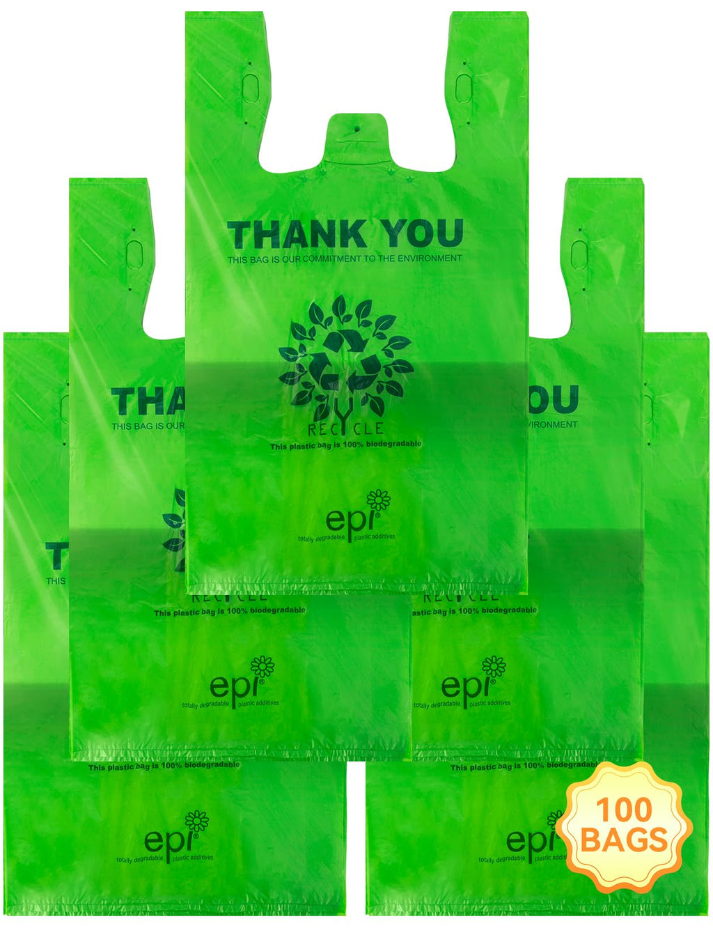 [100 per box] | Recyclable Compostable Reusable Biodegradable Plastic T-Shirt Bags | Grocery Shopping Bags | Green Eco Plastic Bags (100 per Pack) | T-Shirt Carryout Bags 100 count Restaurant Quality, Durable, Reusable and Econ Friendly | Measures 11. 5"