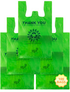 [100 per box] | Recyclable Compostable Reusable Biodegradable Plastic T-Shirt Bags | Grocery Shopping Bags | Green Eco Plastic Bags (100 per Pack) | T-Shirt Carryout Bags 100 count Restaurant Quality, Durable, Reusable and Econ Friendly | Measures 11. 5"