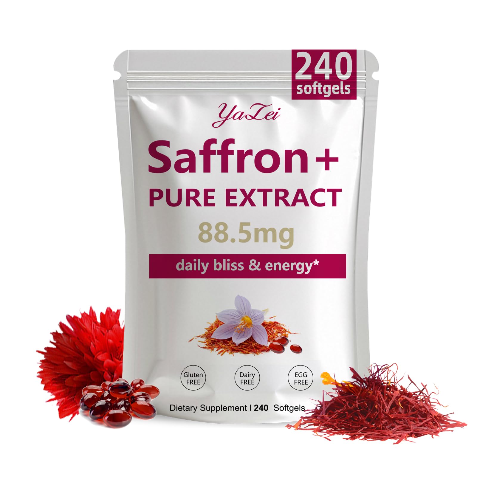 Yalei Saffron Extract Supplements 88.5mg,240 Softgels, 4 Month Supply- Boost Energy & Mood, Support Eye & Heart Health- Vegan, Gluten Free
