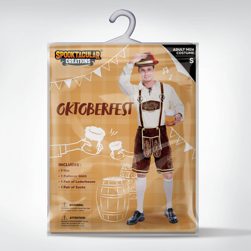 Spooktacular Creations Halloween Men Oktoberfest Costume Set, Lederhosen Men with German Bavarian Hat, Beer Costume, Adults Halloween Brown Outfit for Beer Festival Party (Large)