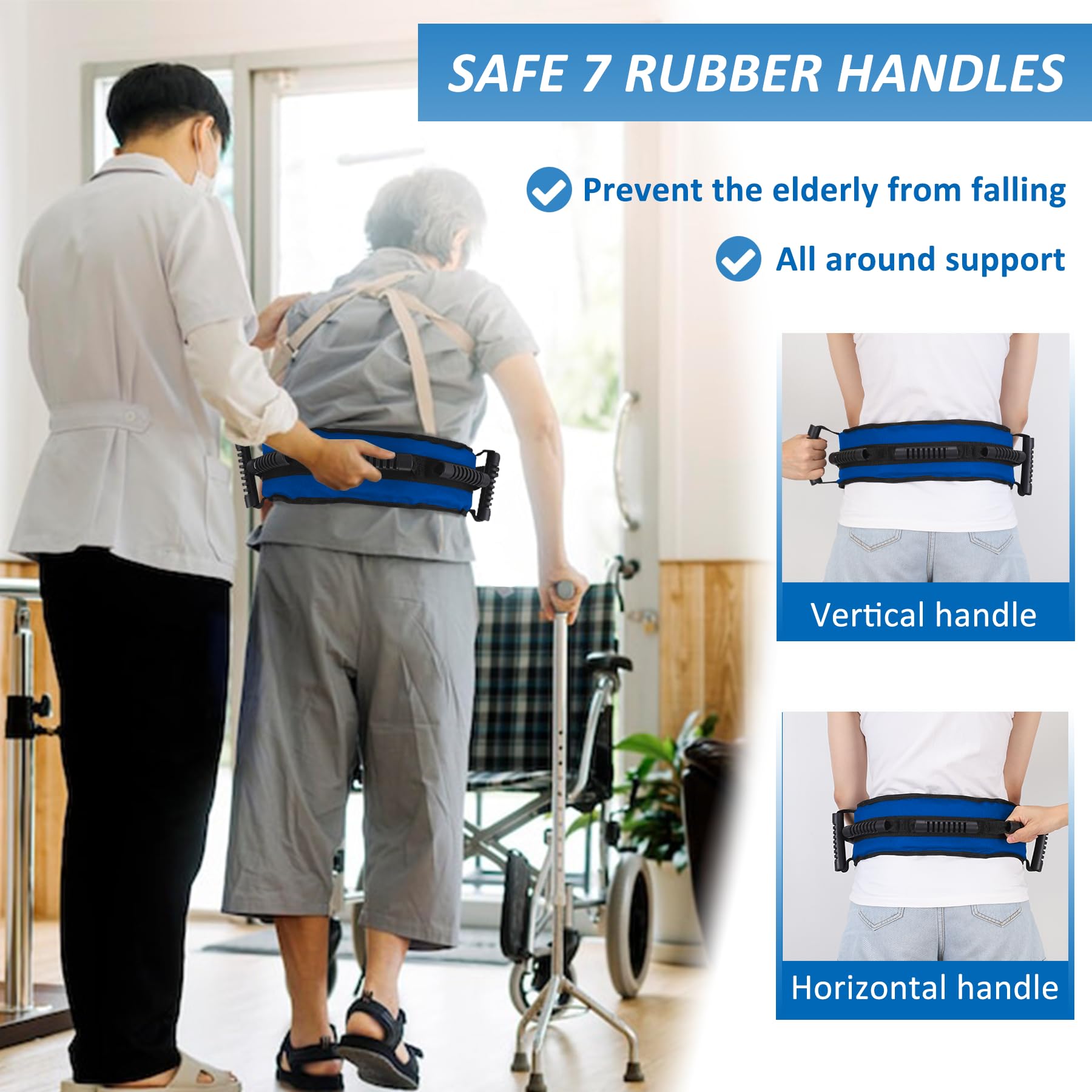 Gait Belt for Seniors, Transfer Belt with 7 Nylon Padded Handles, Medical Belt for Lifting Patients, Safety Gait Belt for Elderly Easy to Use Quick Release Buckle(Blue)
