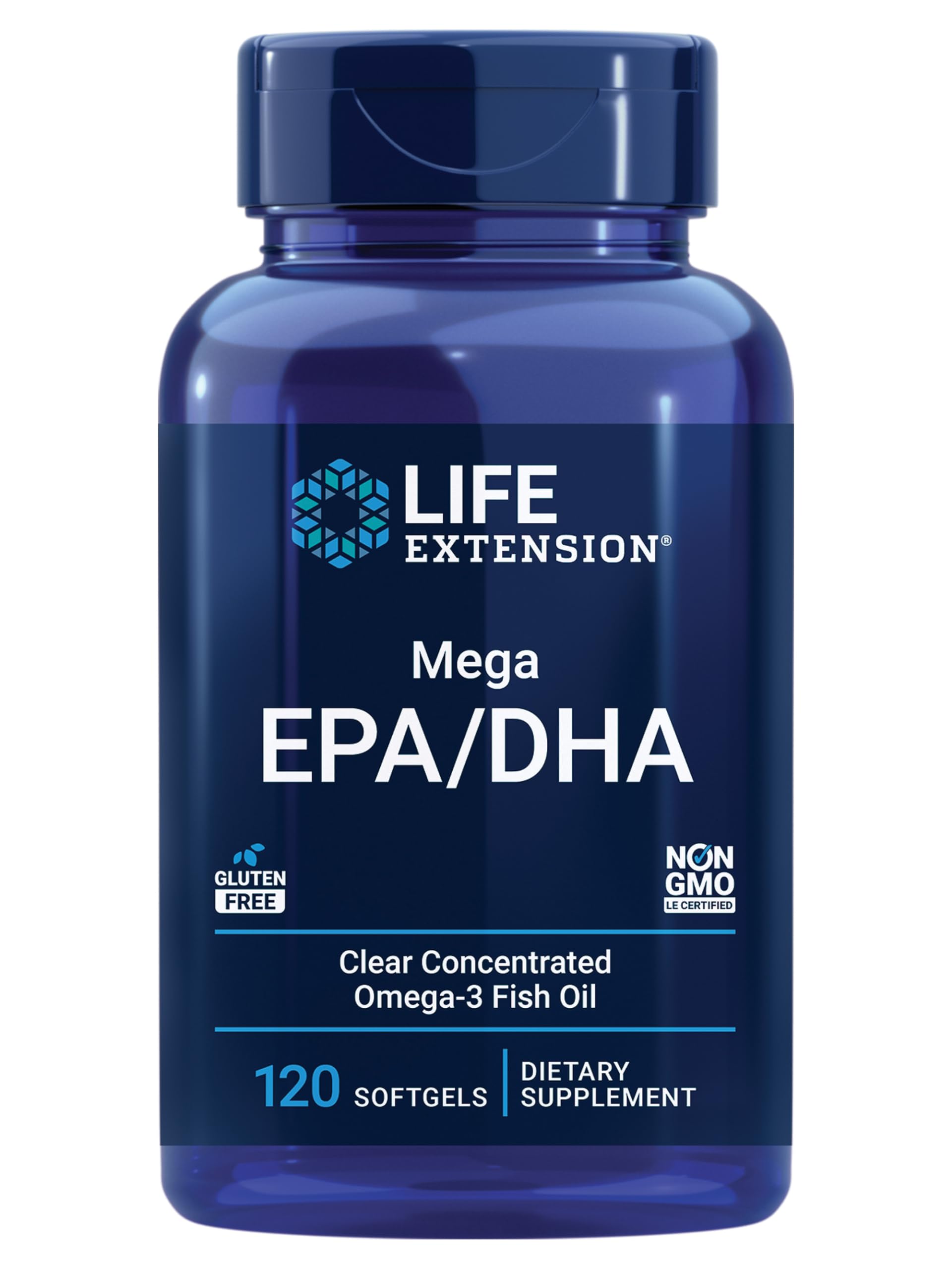 Life Extension Mega EPA/DHA, Omega-3 Fatty acids, Heart & Brain Health, Non-GMO, Gluten-Free, 120 softgels