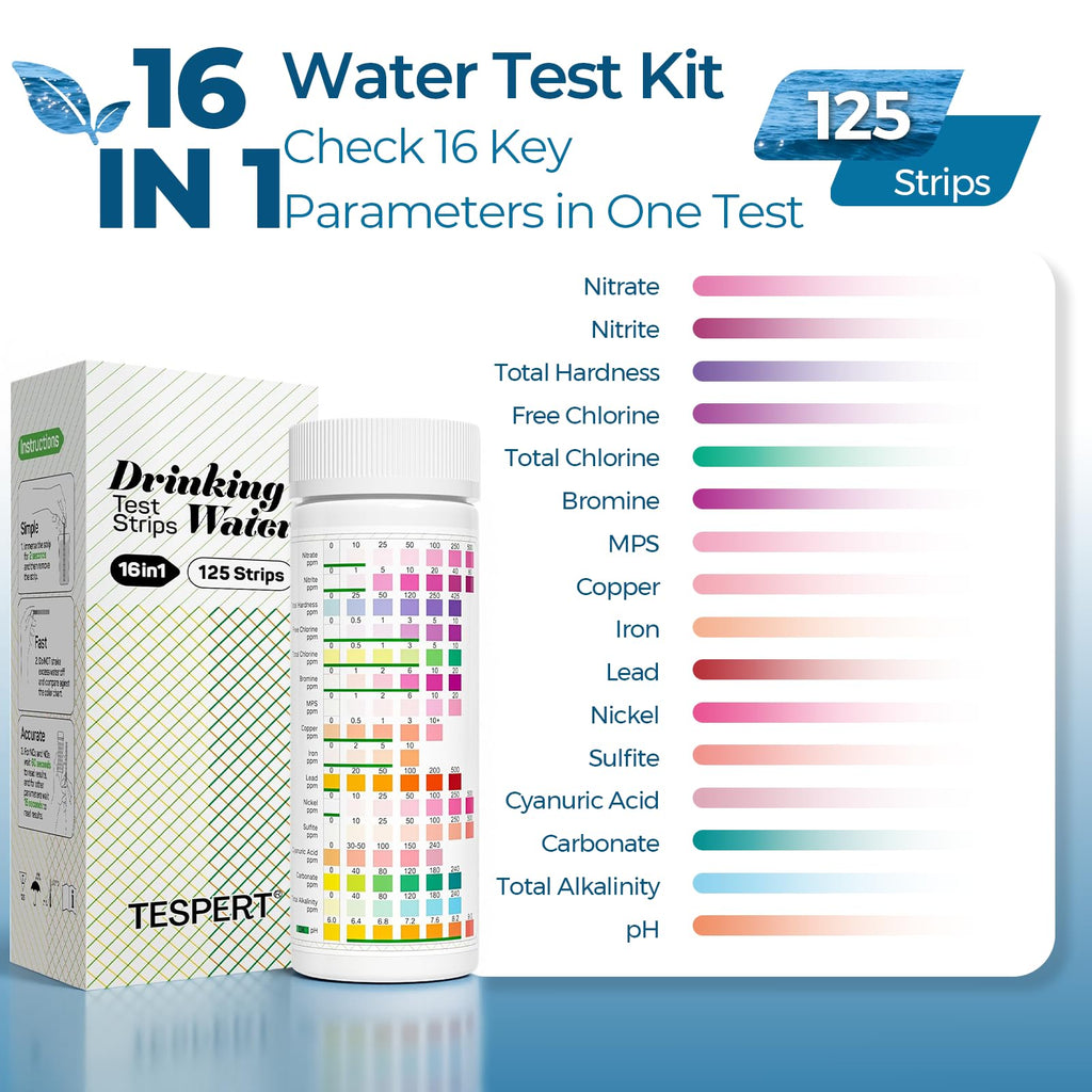 TESPERT Drinking Water Test Strips 125ct 16 in 1 – 30s Quick Screening for Hardness, pH, Iron, Nitrite, Copper, Chlorine, Nitrite, Carbonate,Lead, Alkalinity...Well, Tap, Home, City Water Testing
