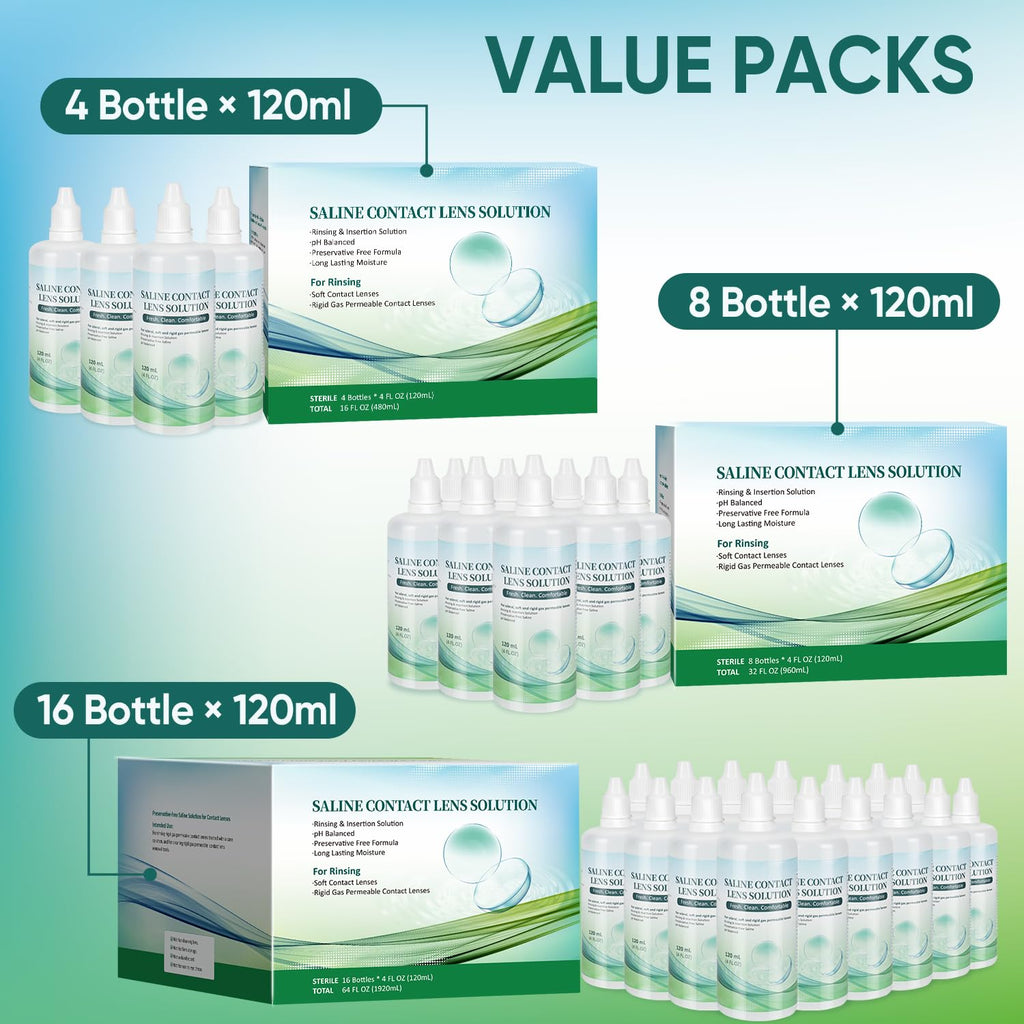 LIFVEAN Saline Contact Lens Solution Rinsing & Insertion Gentle Saline Solution for Soft & Rigid Gas Permeable Lenses Travel-Friendly 4 Fl Oz - 4 Pack