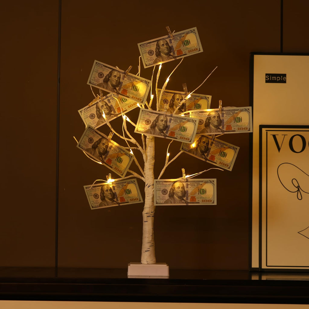 Money Tree Gift Card Holder 24 LED Birch Tree Lamp Battery/USB Powered