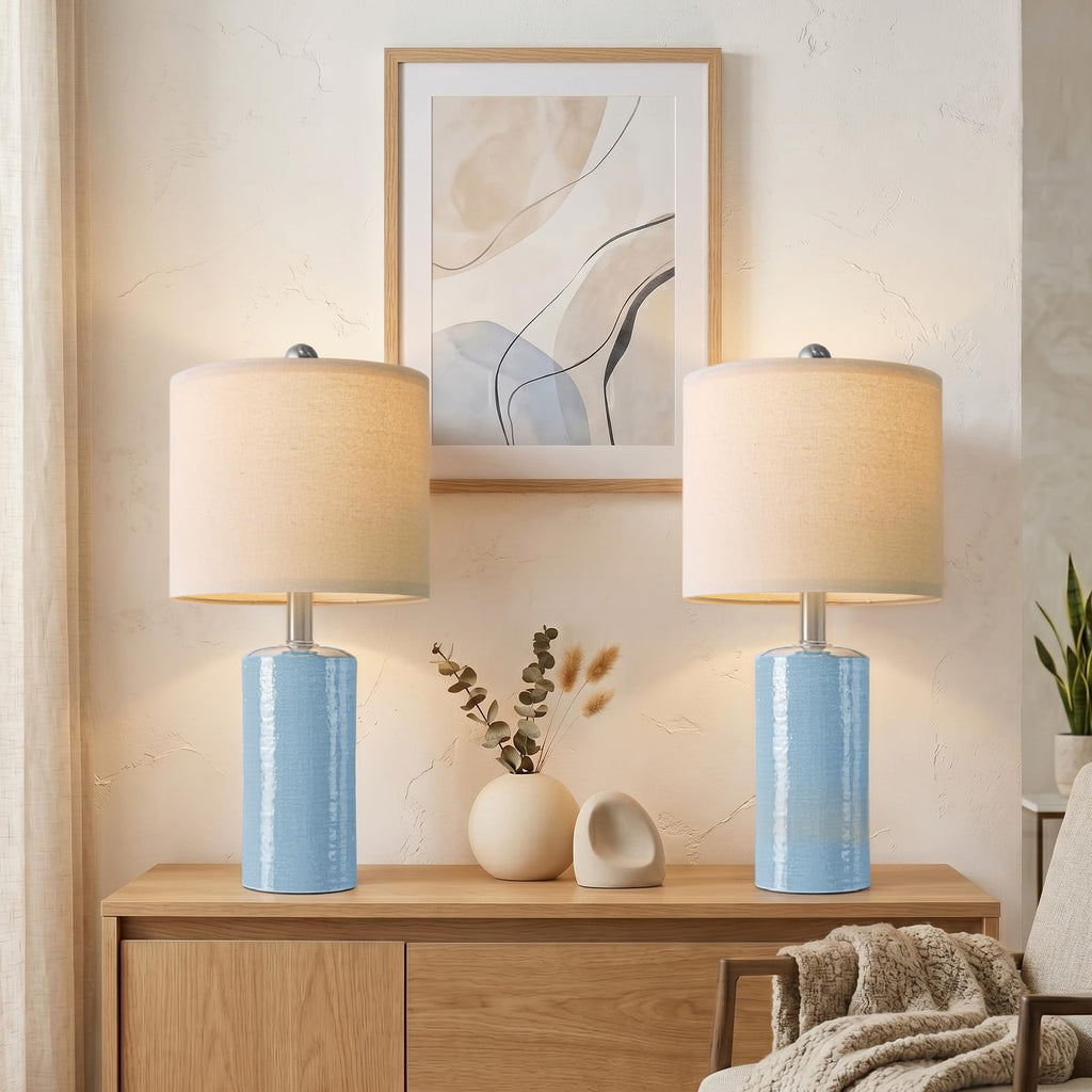 G-SAFAVA 20.5" Small Table Lamps for Living Room Lamp Set of 2 Ceramic Lamps for Bedroom Bedside Lamps Modern Boho Lamps for Night Stands Farmhouse Nightstand Lamp Side End Table Lamp, Light Blue