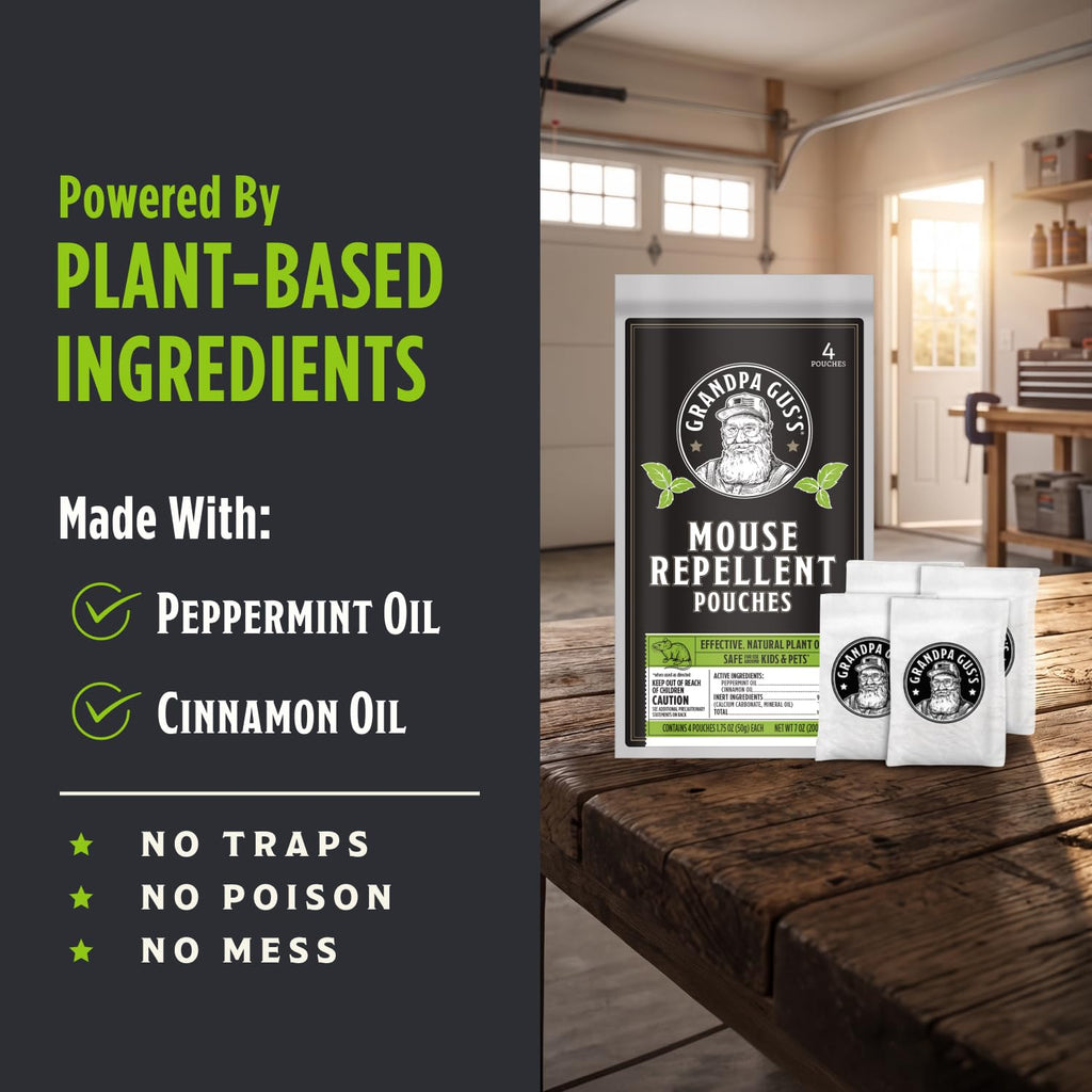 Grandpa Gus's Natural Mouse Repellent Pouches, Cinnamon/Peppermint Oils Repel Mice from Nesting in Home/Cabin/Boat/Car Storage/RV/Machinery/Shed (4 Pouches)