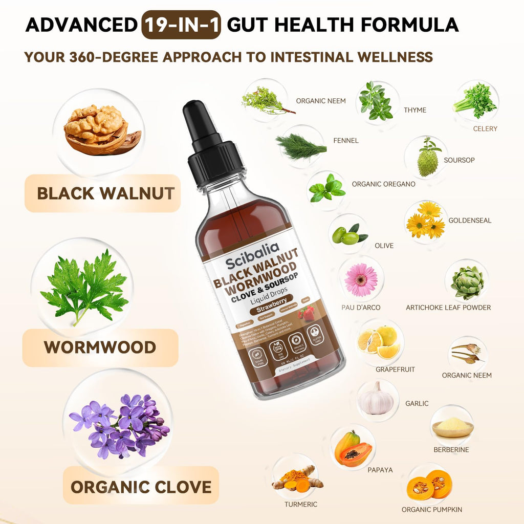 Scibalia Wormwood Black Walnut Clove Cleanse for Human Drops, 19-in-1 Triple-Action Gut Detox & Digestive Wellness Organic Wormwood Tincture w. Soursop Pumpkin Garlic Oil of Oregano, Vegan
