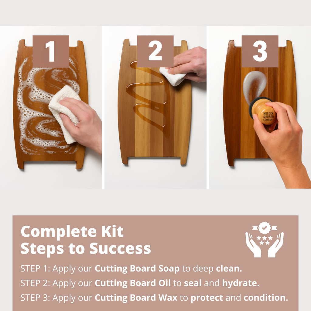 The Block & Board Company Specialist Chopping Board Complete Kit Food Grade Soap, Wax & Oil | Cleans, Nourishes, Seals & Protects Wood, Butcher Blocks, Countertops & Utensils | 3 Piece Set