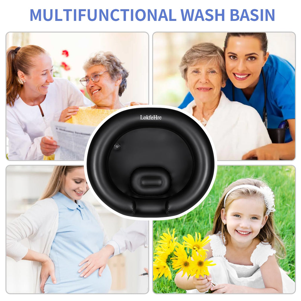 Portable Inflatable Hair Washing Basin for Bedridden - Wash Hair in Bed with Inflatable Shampoo Bowl.For Elderly,Disabled,Injured,Ideal Inflatable Sink for Locs Detox (Black, 18in Inner)