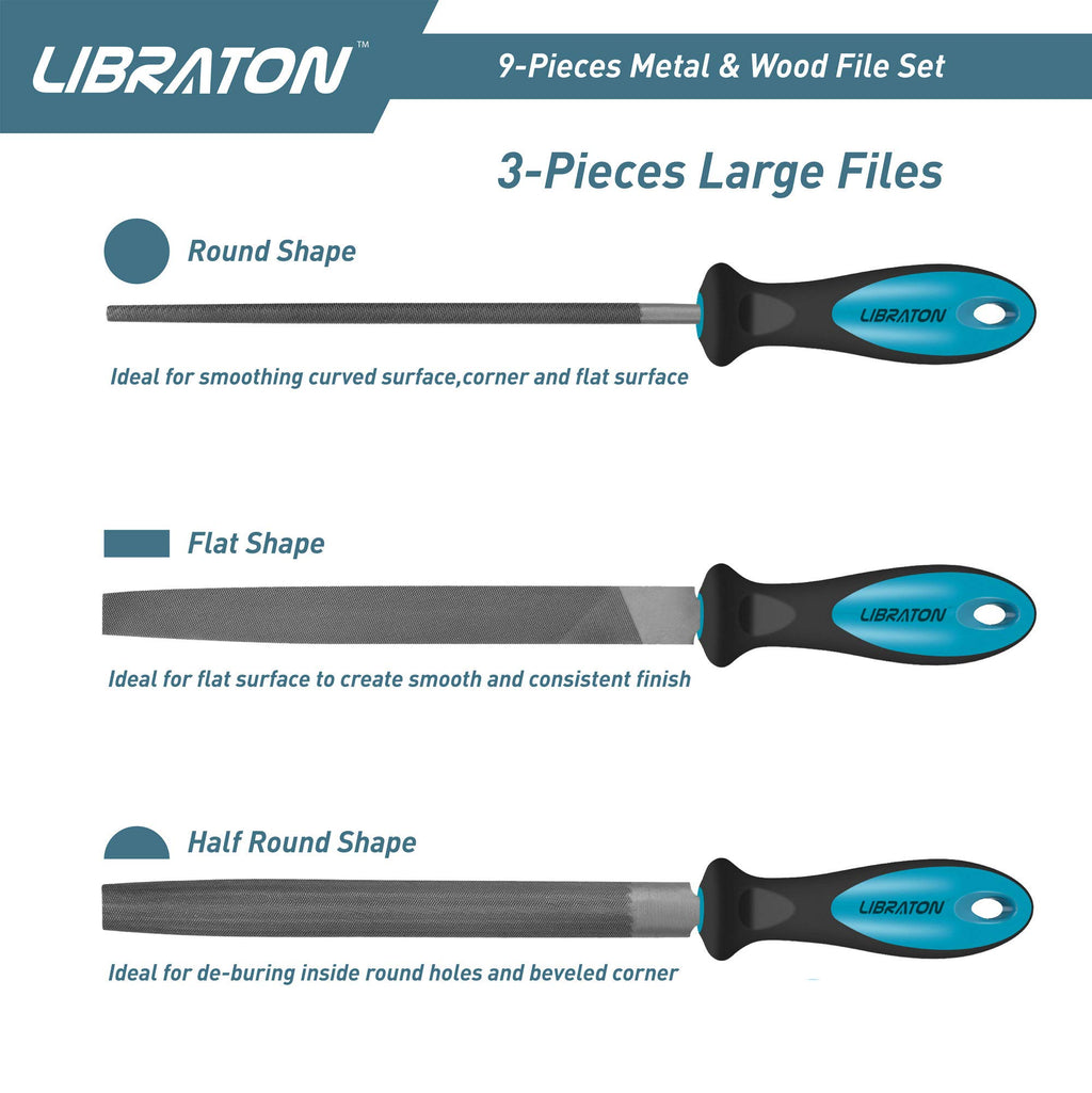 LIBRATON Metal Files - 9pc Set, Needle, Flat, Round, Half-Round Files for Metal & Woodworking