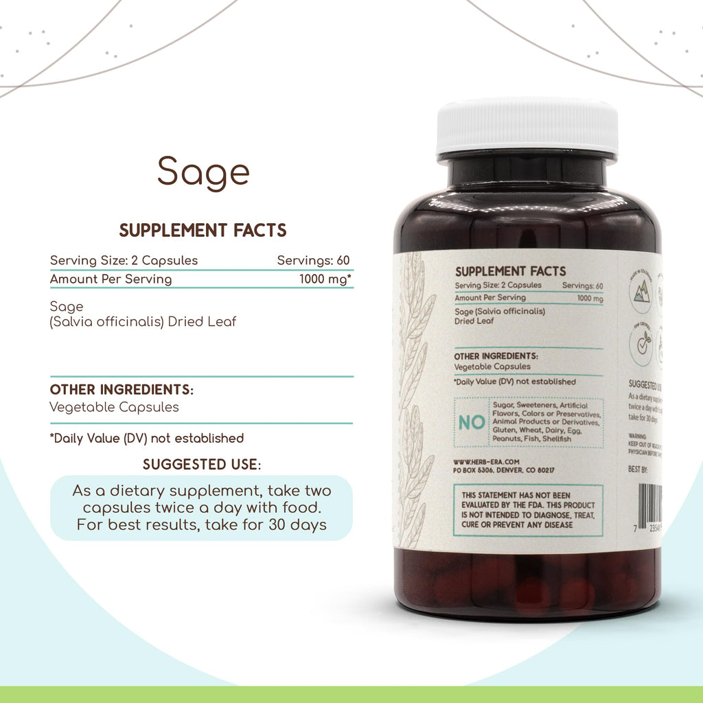 HerbEra Sage 120 Capsules, 500 mg, Sage (Salvia officinalis) Dried Leaf (120 Capsules)