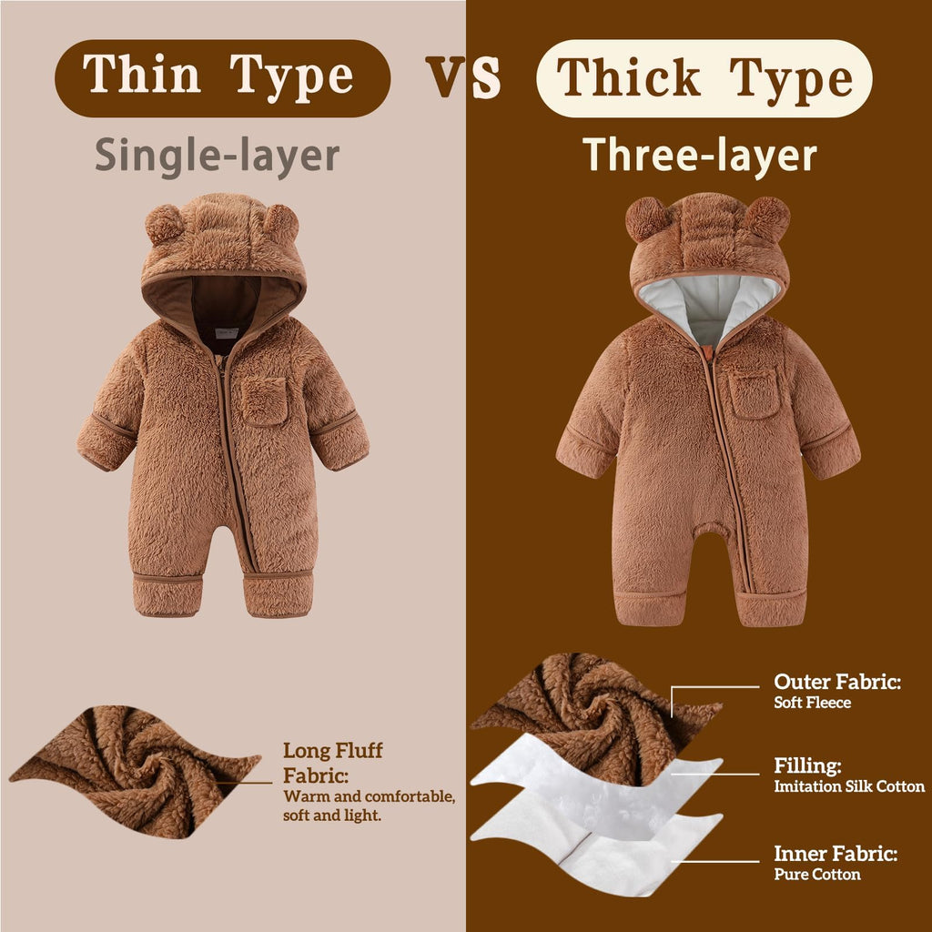 AiWMGL Newborn Baby Bear Outfit Suit With Fold-Over Mittens and Footies Girls Boys 0-3 Months Winter Fleece Clothes Suit Hooded Jumpsuit Romper Snowsuit