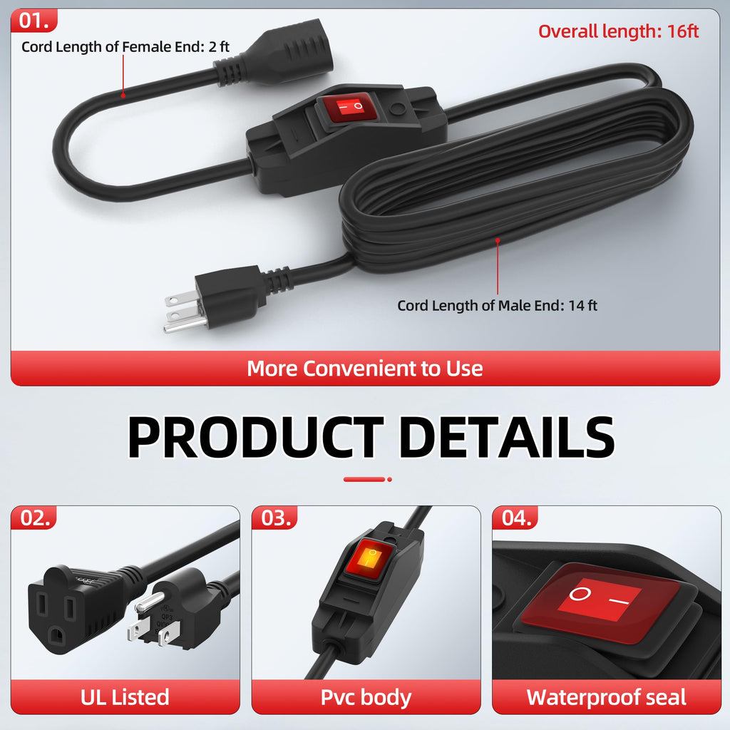Joinfworld Switched Extension Cord 16 Ft Outdoor 14 AWG 3 Prong Heavy Duty Extension Cord with Switch On/Off 15A 125V Waterproof Lighted Extension Cord Inline Power Switch for Electrical Equipment