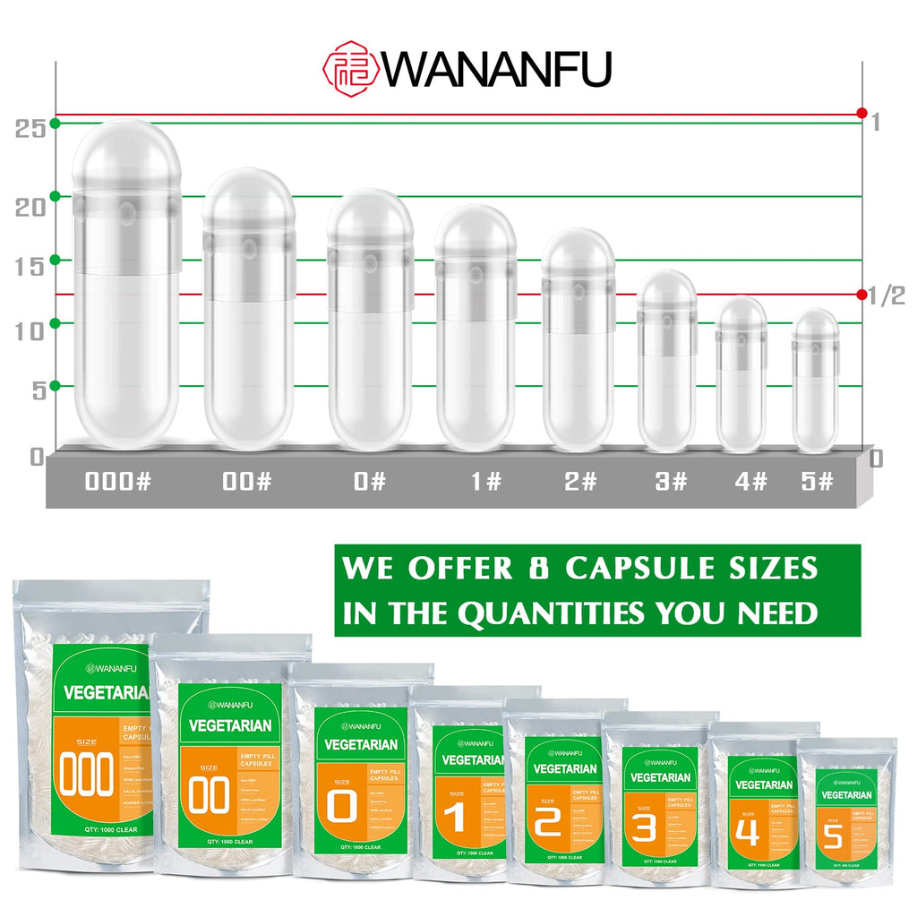 wananfu Size 0 Empty Capsules Vegetarian (1000 Count) Bundle with Micro Lab Spoon, Clear Fillable Veggie Pill Capsules Size 0 for Making Your Own Supplements