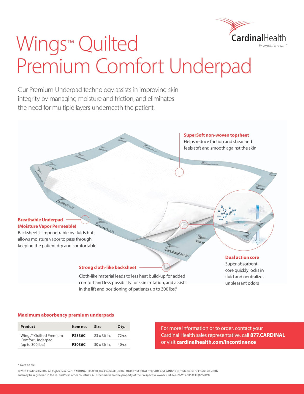 Cardinal Health P3036C Quilted Premium Comfort Underpad, Wings Maximum Absorbency, Blue, 30 x 36IN, Case of 40