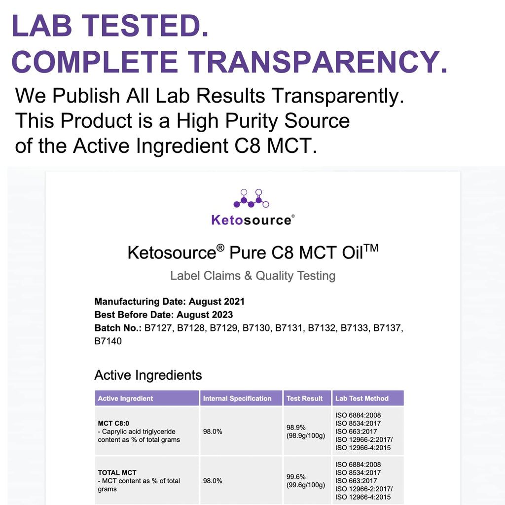 Pure C8 MCT Oil | Glass Bottle | Boosts Ketones 4X Versus Other MCTs | Highest 99%+ Lab Tested Purity | 100% Coconut Sourced | Supports Keto & Fasting | Vegan | Bulletproof Coffee | 500ml Ketosource®