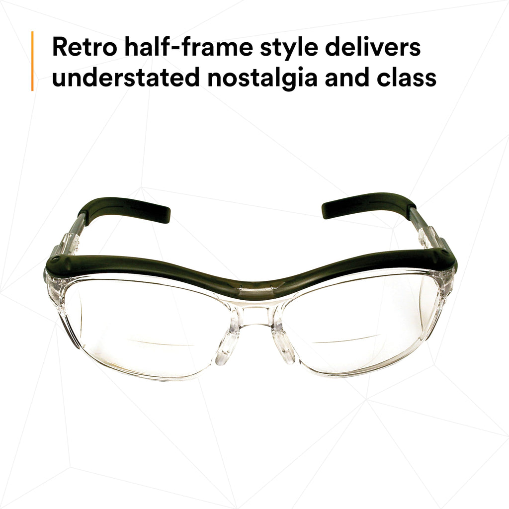 3M Safety Glasses with Readers, Nuvo Readers, +2.0 Diopter, Pack of 1, ANSI Z87, Clear Lens, Gray Frame, Soft Nose Bridge, Side Shields