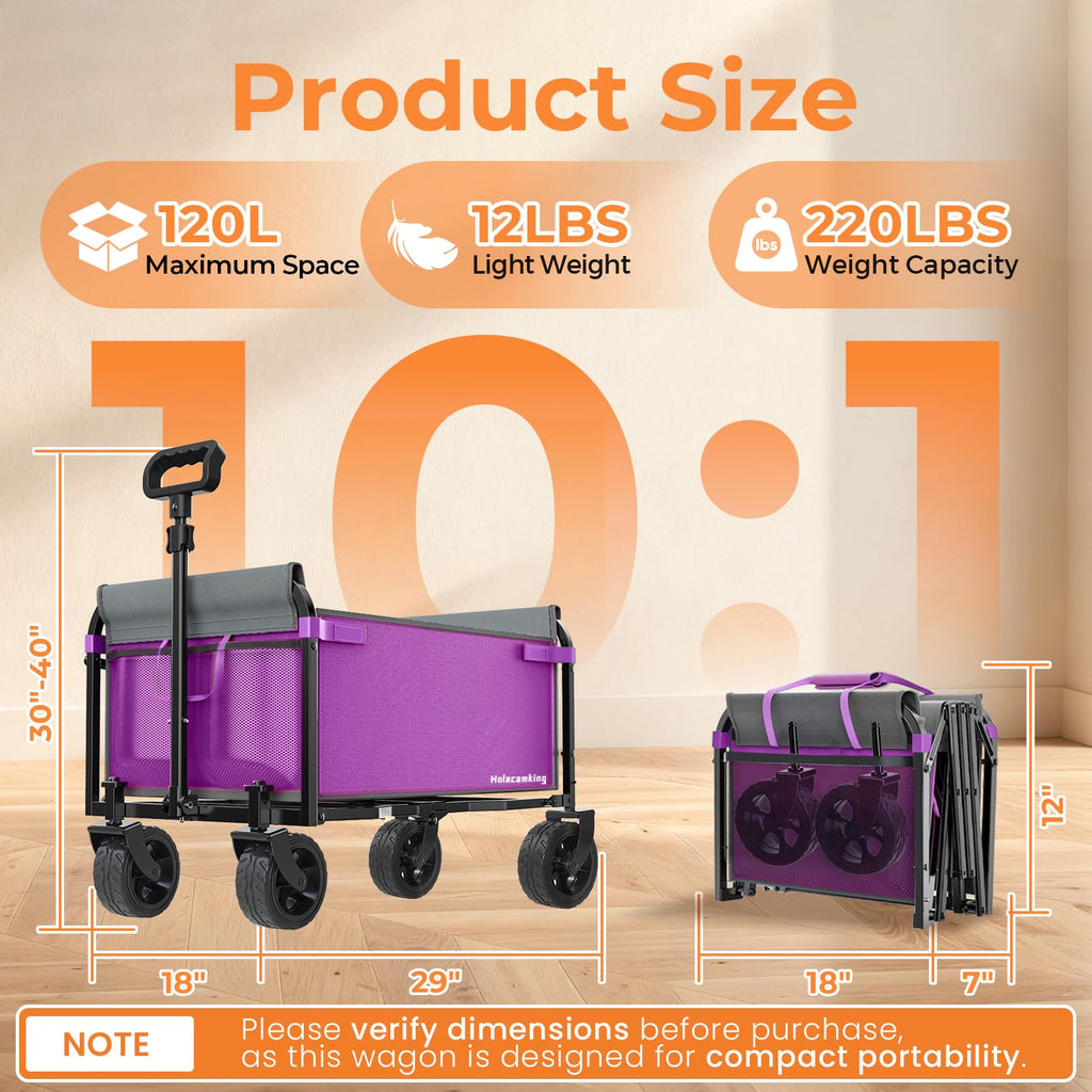Holacamking Portable Collapsible Wagon Cart, Foldable Cart with Removable Side, Utility Groceries Wagon for Dogs Pets Camping Beach Shopping Sports Gardeing Fishing, Purple