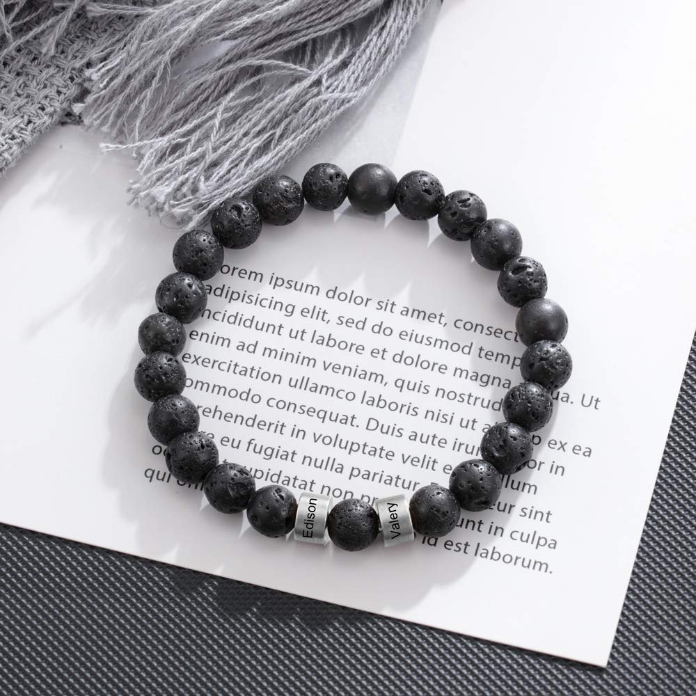 Personalized Beads Bracelets for Men Chakra Stone Bracelets Custom Initial Name Bracelet Mens Malachite Tiger Eye Lava Stone Bracelet Gifts for Him (Black-Lava-silver-2)