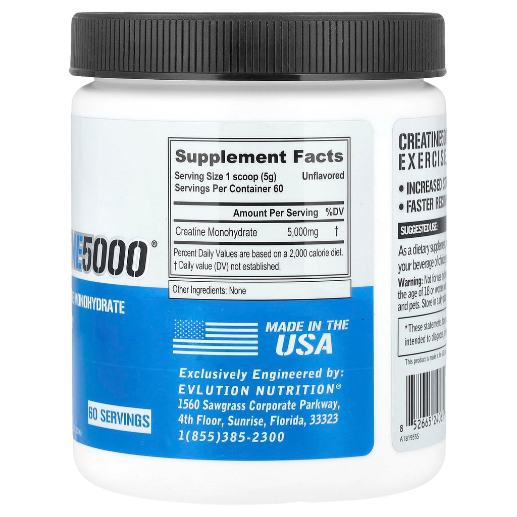 Evlution Nutrition Creatine 5000 - Supports Faster Recovery Lean Muscle Growth & Performance - Pre & Post Workout Powder - 5000mg Pure Creatine Monohydrate Per Serving - 60 Servings - Unflavored