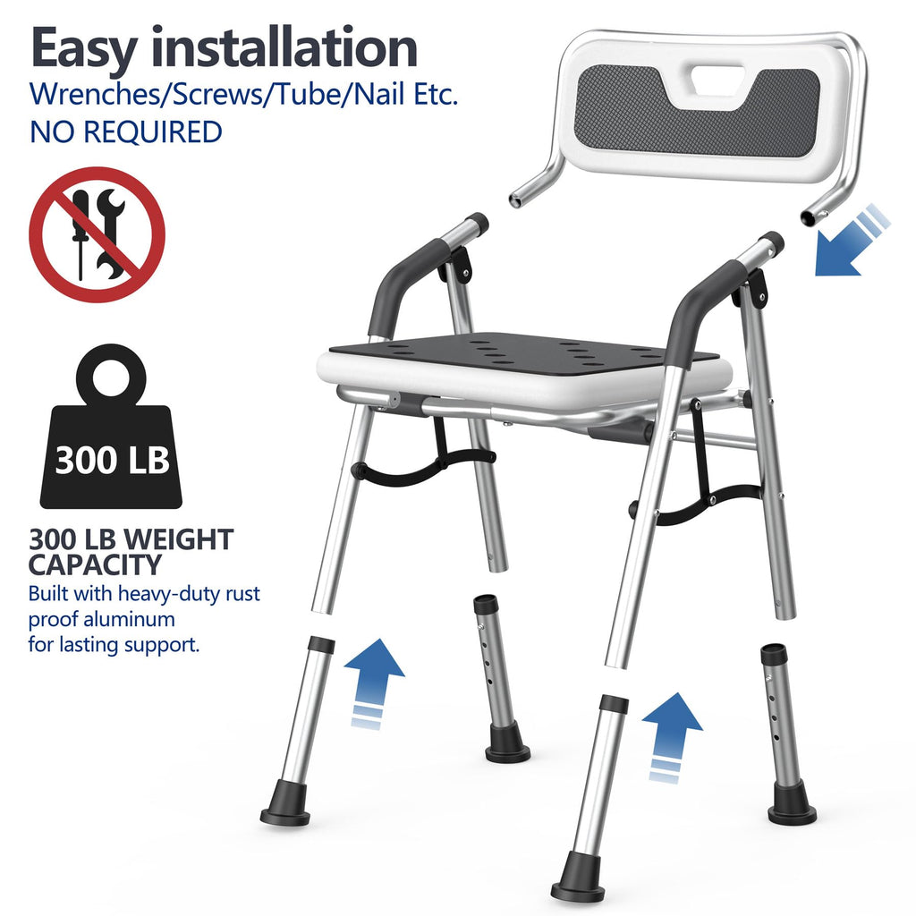 Foldable Shower Chair for Inside Shower with Arms and Back, Shower Chair for Elderly and Disabled with Adjustable Height,Folding Bath Chairs for Seniors,Quick-Assembly & Comfortable