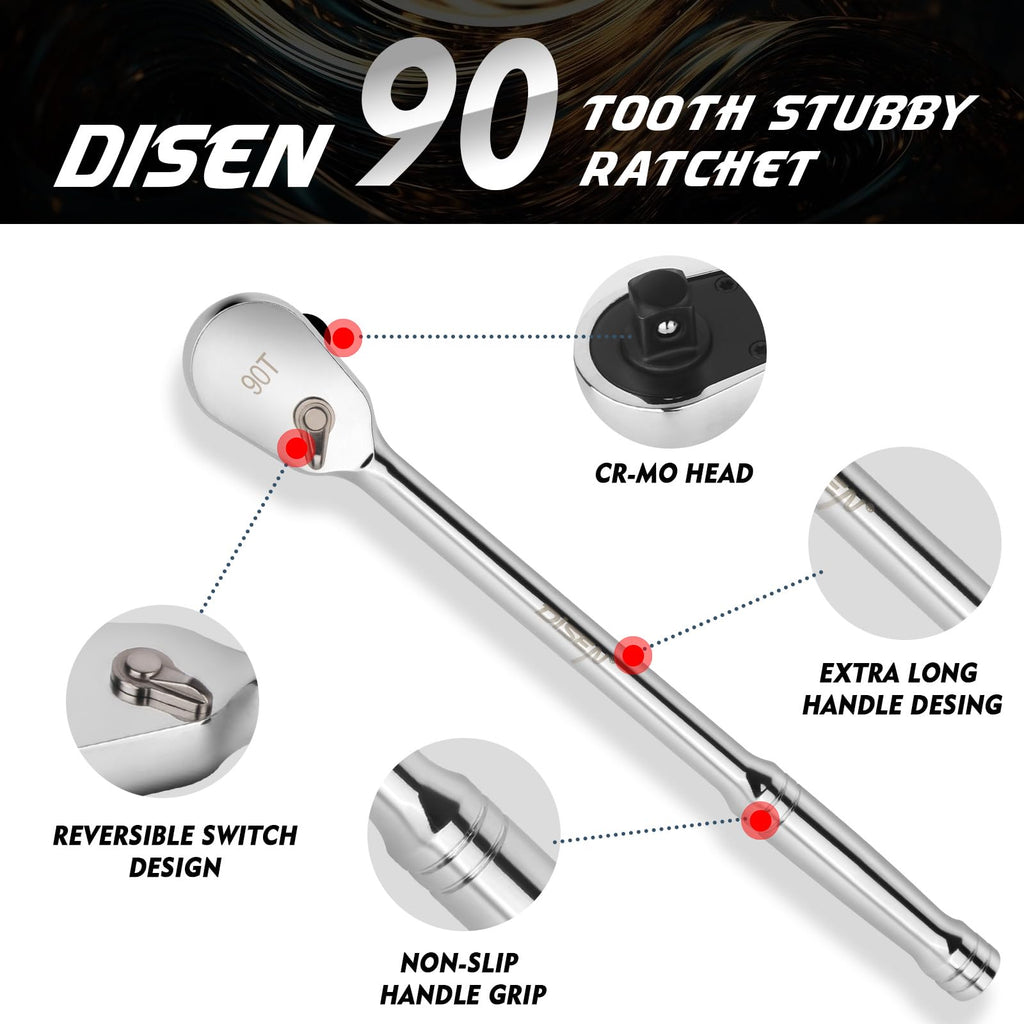 DISEN Extra Long Handle 1/2" Drive Ratchet Socket Wrench,90-Tooth Ratchet Wrench with 14" Handle and Dust Proof Teardrop Enclosed Head, Reversible, CR-V Steel Made, CR-MO Head, Gifts for Men