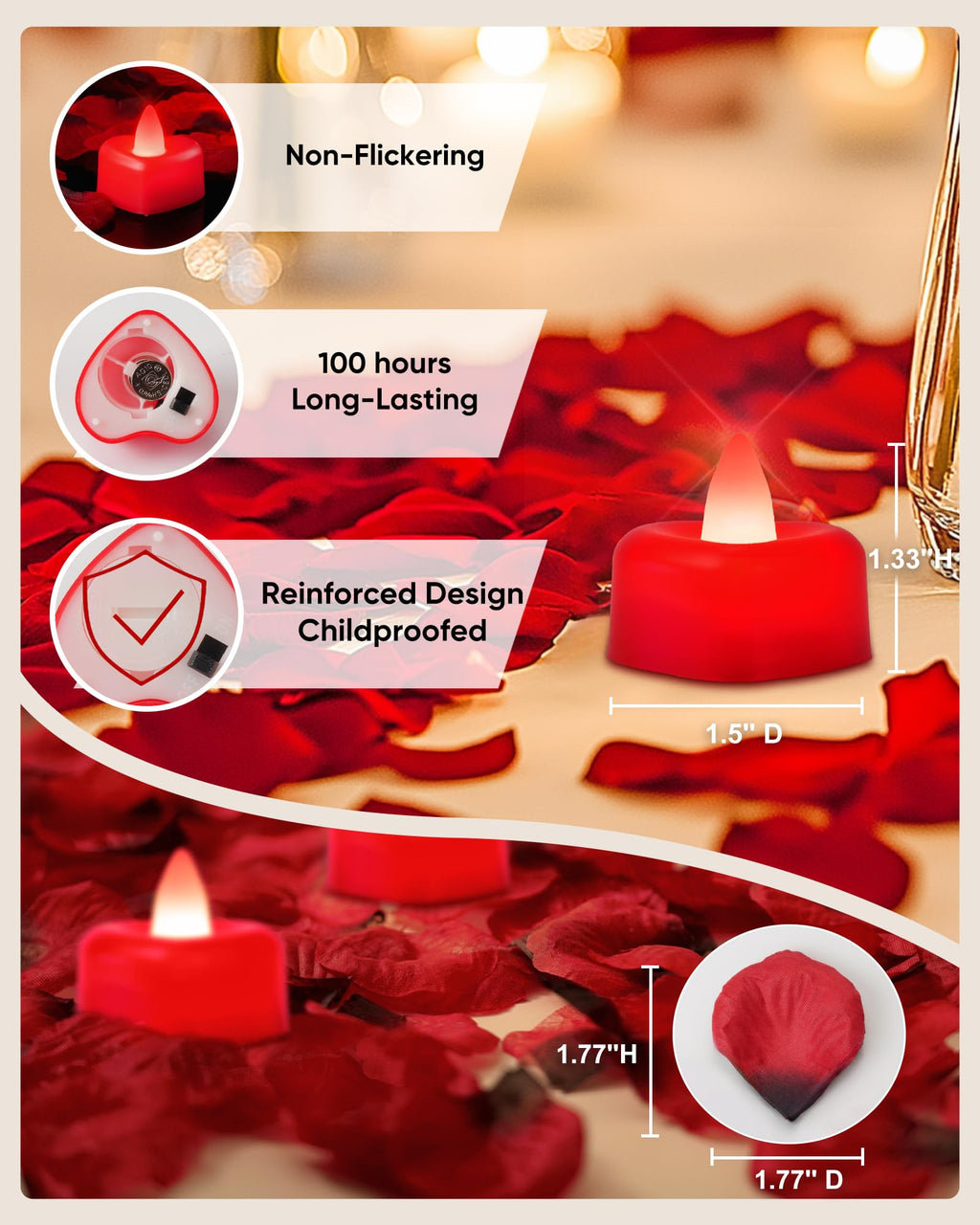 Amagic 4000 Pieces Red Artificial Rose Petals with 50 Red Heart LED Tea Lights, Rose Petals and Candles Set for Proposal, Anniversary, Romantic Night, Wedding Decor