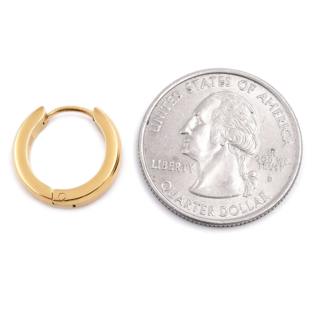 Pair Stainless Steel Bevel Edge Hoop Huggie Men Earrings Gold-tone Color 16mm
