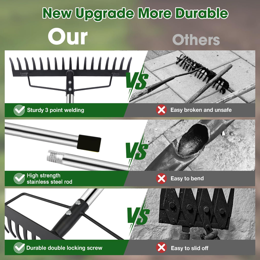 Heavy Duty Bow Rake for Lawns, 17 Tine Metal Rake Level Soil 5.58FT