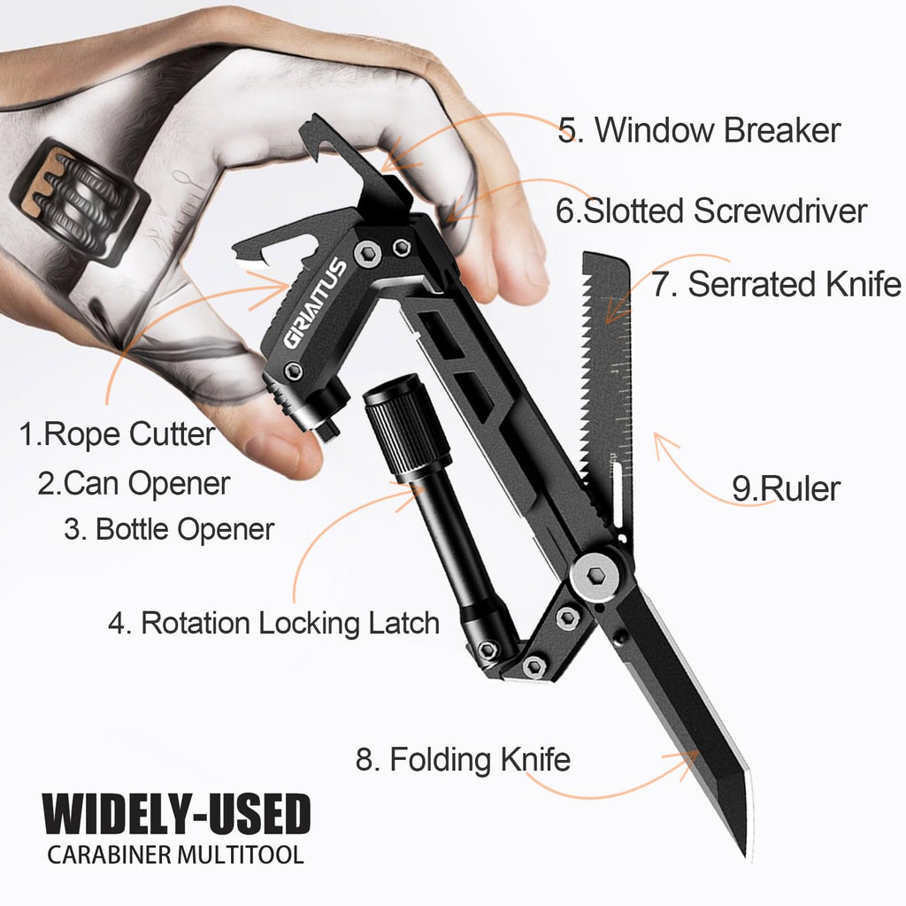 Carabiner Multitool 8-in-1 EDC Carabiners Pocket Knife, Serrated Knife, Rope Cutter, Screwdriver, Can Bottle Opener, Ruler, Survival Gear for Camping Climbing Hiking, Gifts for Men (Black)