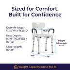 Drive Medical Shower Chair with Back & Padded Arms - Adjustable Height Bath Seat for Safety & Comfort - Lightweight Aluminum Construction- 350 Lb Capacity - White