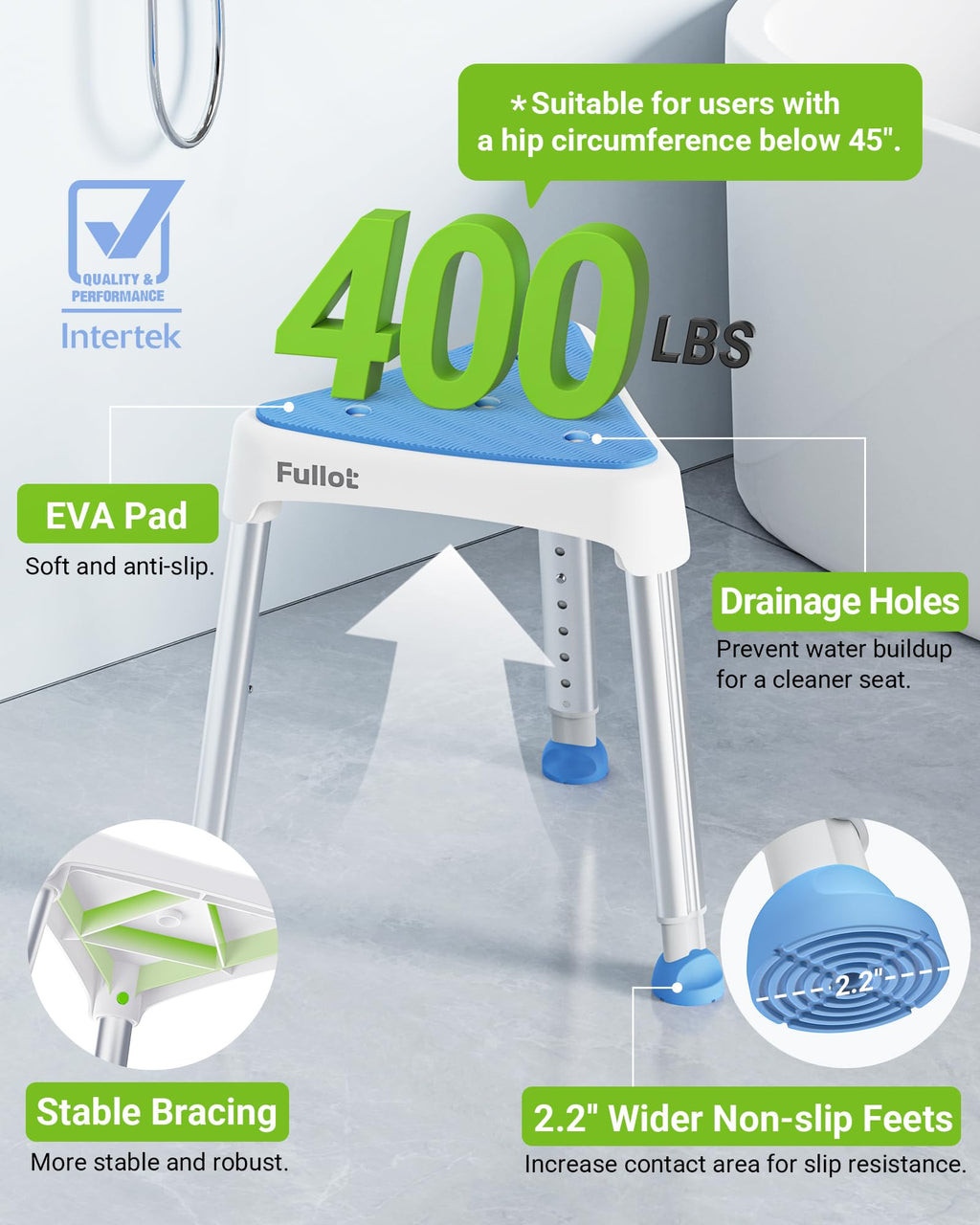 Space-Saving Triangular Shower Chair for Elderly and Disabled, 400 lbs Adjustable Shower Stool Seat with Stable-Bracing, Non-Slip Bathtub Chair, Tool-Free Assembly, Blue With Eva Pad
