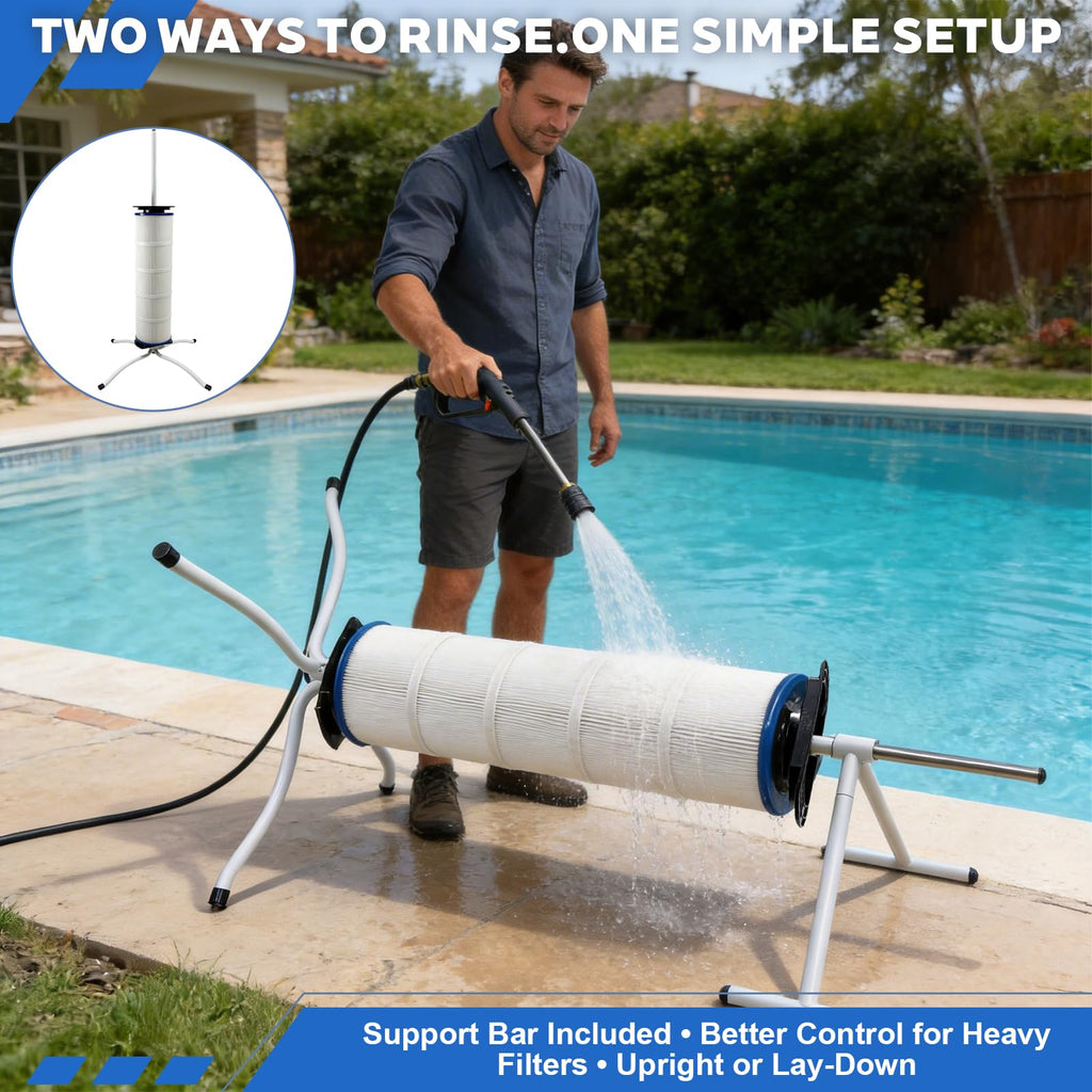 Skimzy Pool Filter Cleaner Stand, Dual-Mode Upright & Lay-Down Cleaning System with Support Bar, Smooth Bearing Rotation, Fits 3"/4"/6" Center Hole Cartridge Filters Up to 35"