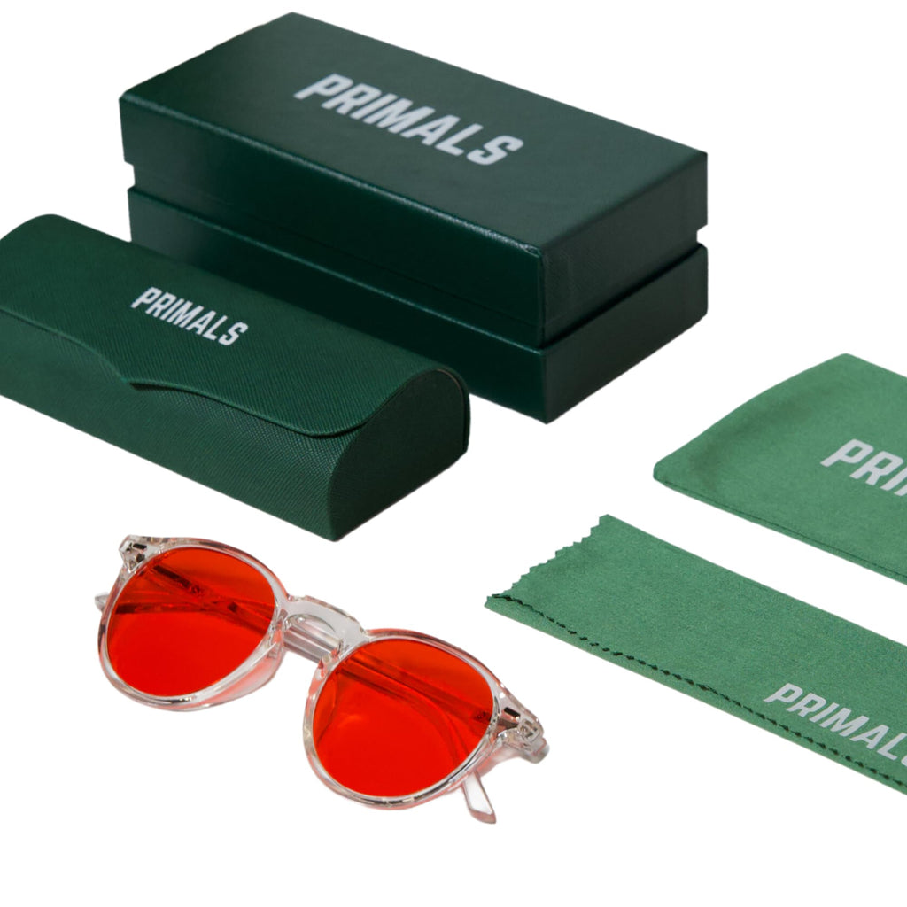 PRIMALS Blue Light Blocking Glasses - Extra Strength - Blocks 99.9% Blue Light - Improves Sleep & Focus - Computer/Gaming/TV/Phones - (Red Lens + Clear Frame)