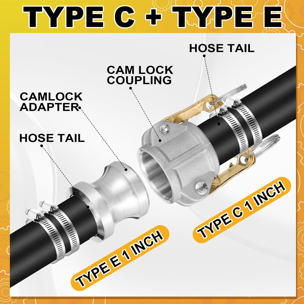 Innconee 2 Set Camlock Fittings Type C&E 1 Inch Aluminum Cam and Groove Hose Fitting Kit include 1" Female Coupling Cam Lock, 1" Male Adapter Camlock, Gasket, Hose Clamps for Industrial