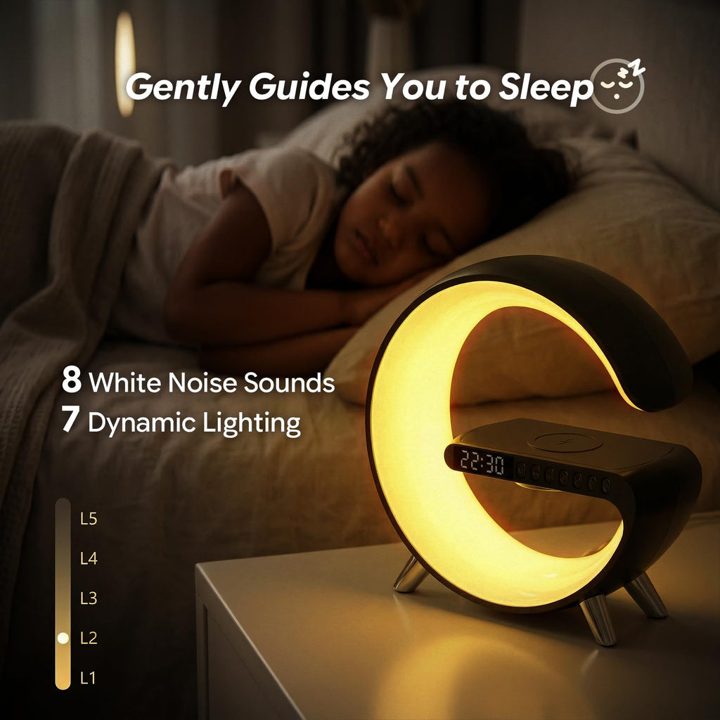 Hirsionsan Smart LED Table Lamp for Bedroom with Wireless Charging Bluetooth Speaker, App Controlled Night Light for Kids, Christmas Birthday Gifts for Teens Adults Desk Office Bedroom Decor (Black