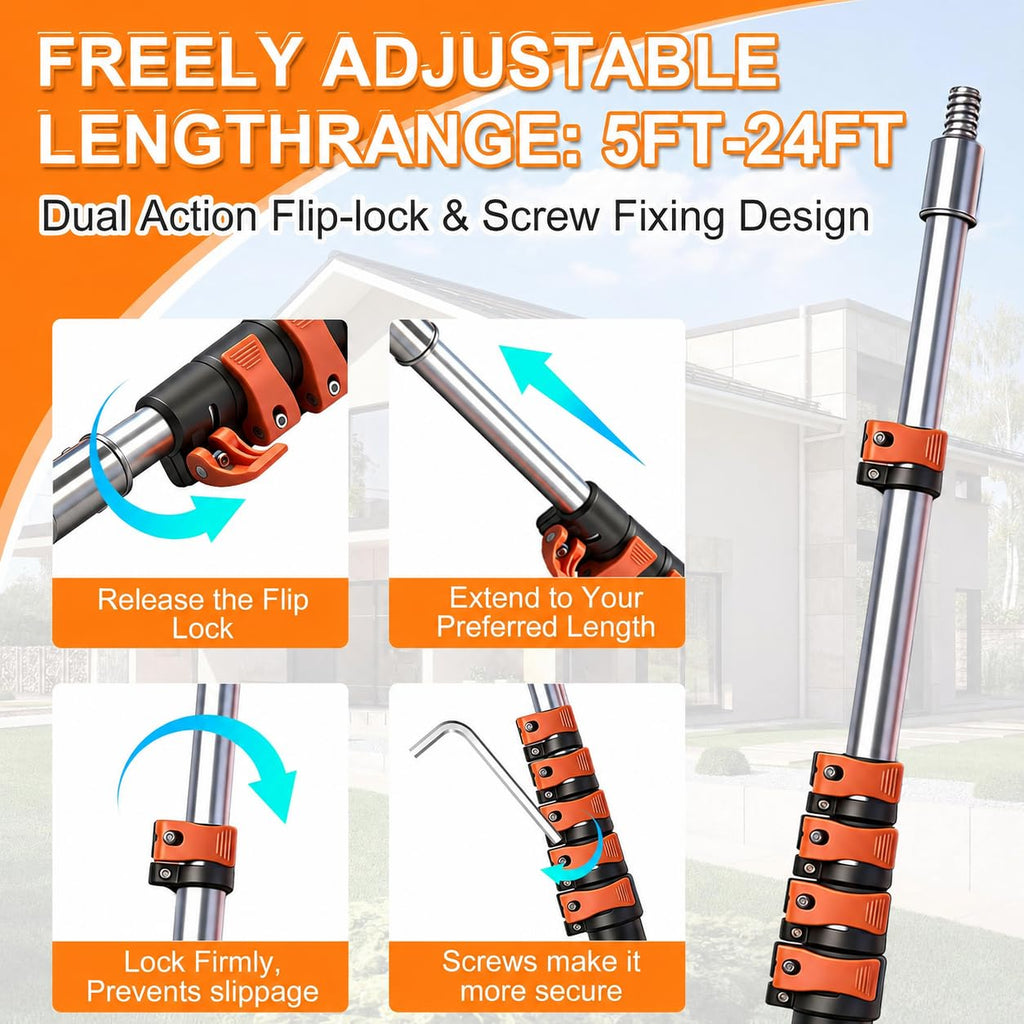 30FT Manual Pole Saw for Tree Trimming, 5-24FT Telescoping Extension Pole with Flip-Lock & Screw Dual Locking, 19" 3X Detachable Pruning Saw Head, Yard Maintenance Pruner for Garden Palms Shrubs