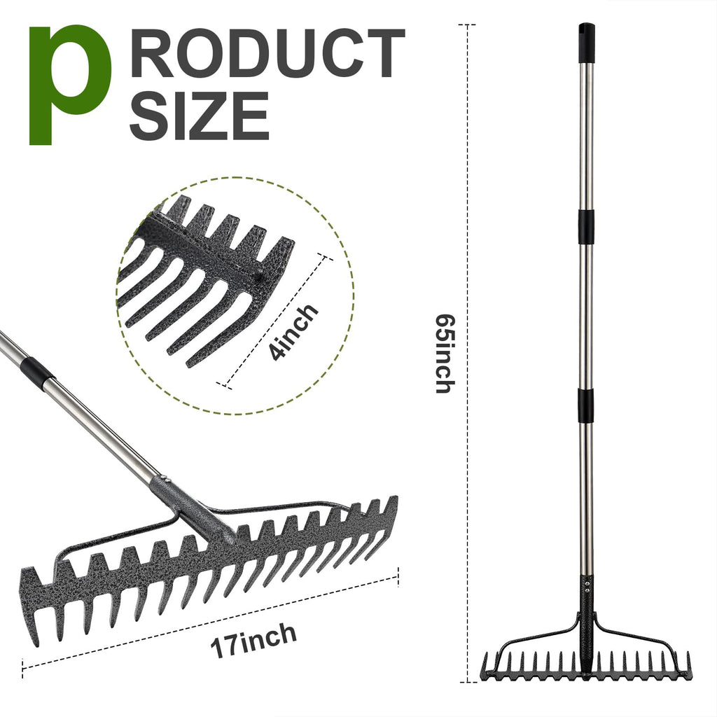 65" Heavy Duty Garden Rake Bow Rake with 17 Tines & Stainless Handle