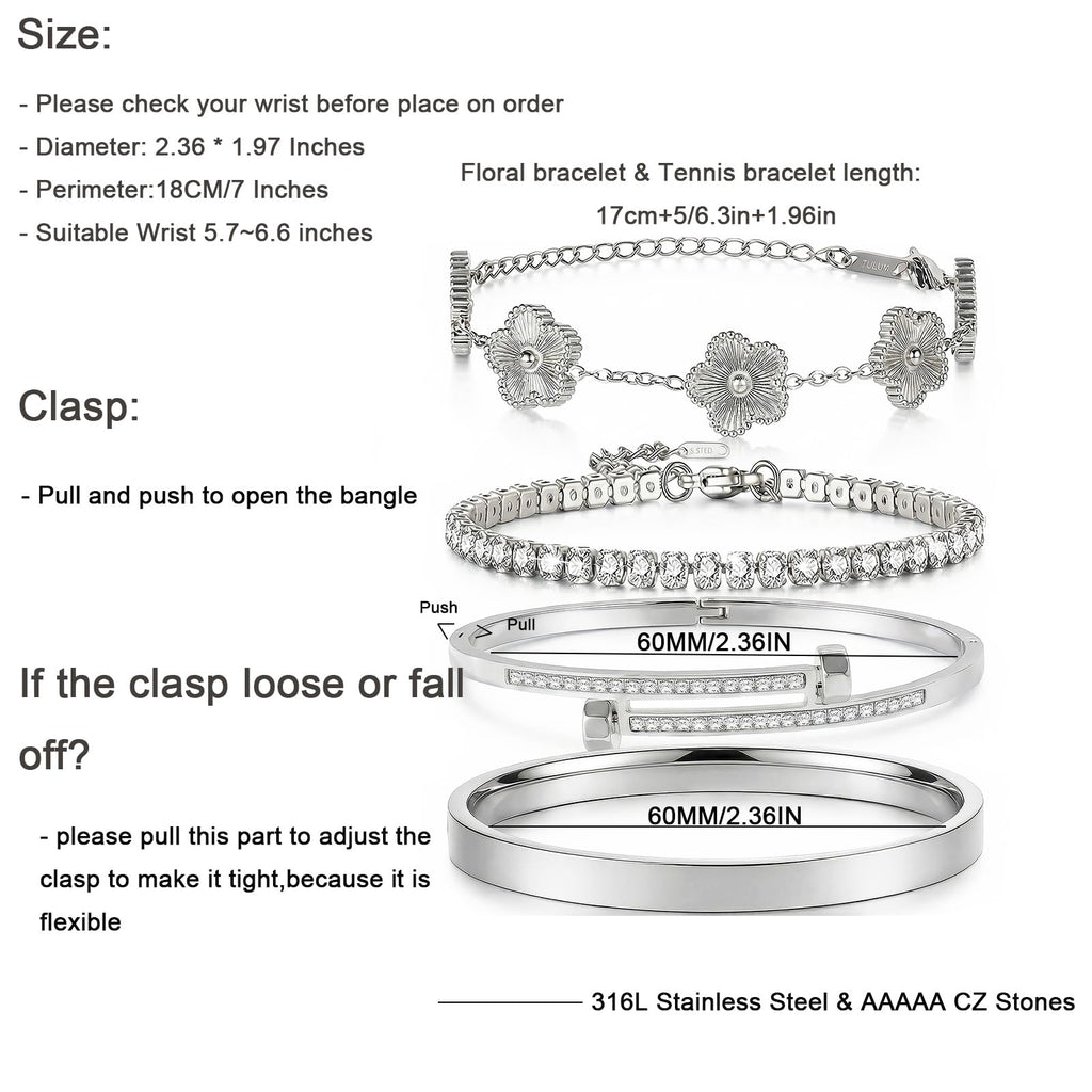 Camhanno Gold Bracelets for Women-4Pcs 18K Gold Plated Love Bangle Tennis Clover Nail Bracelets Stack Set for Women Trendy Non Tarnish Stainless Steel Gold Bangles Accessories Designer Jewelry (Silver Stack Bracelet -2)