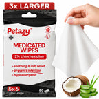 Petazy 2% Chlorhexidine Wipes for Dogs 3X Larger | Yeast Infection Ringworm Fungus Hot Spot Itch Relief | Medicated Antibacterial Antifungal Gentle Soothing Topical Wipes for Dog Cat | 50 Wipes 5x6