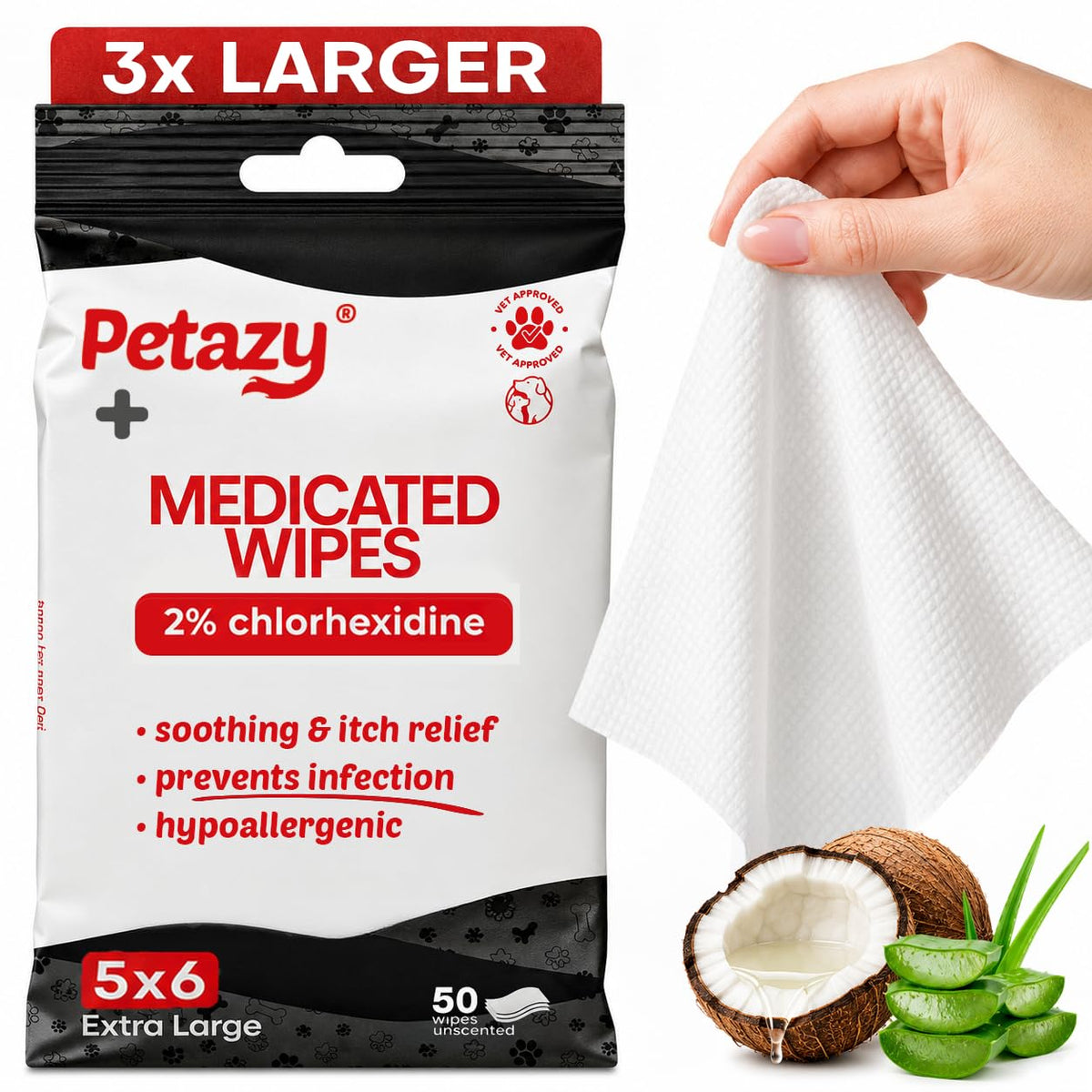 Petazy 2% Chlorhexidine Wipes for Dogs 3X Larger | Yeast Infection Ringworm Fungus Hot Spot Itch Relief | Medicated Antibacterial Antifungal Gentle Soothing Topical Wipes for Dog Cat | 50 Wipes 5x6