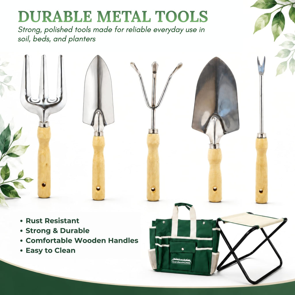GardenHOME 7-Piece Gardening Tool Set with Folding Stool and Storage Tote Bag, Stainless Steel Garden Tools with Wooden Handles, Garden Kit for Planting, Weeding, Pruning, Yard Work, Gardening Gifts