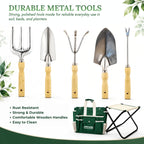 GardenHOME 7-Piece Gardening Tool Set with Folding Stool and Storage Tote Bag, Stainless Steel Garden Tools with Wooden Handles, Garden Kit for Planting, Weeding, Pruning, Yard Work, Gardening Gifts